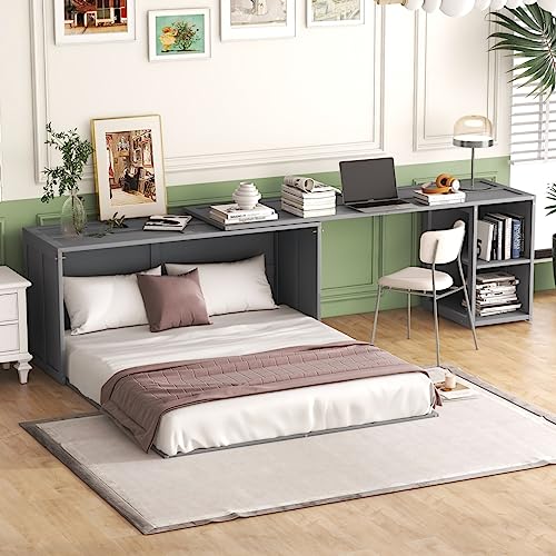 HoRunzelin Modern Queen Size Pine Wood Murphy Cube Cabinet Bed with Rotable Desk,Space Saving for Multipurpose Guest Room,Home Office.Gray HoRunzelin Modern Queen Size Pine Wood Murphy Cube Cabinet Bed with Rotable Desk,Space Saving for Multipurpose Guest Room,Home Office.Gray