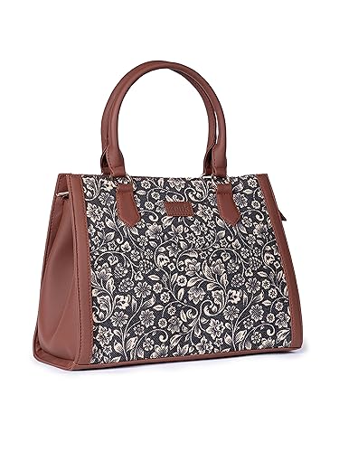 Image of ZOUK Printed Jute Handcrafted Vegan Leather Multicolor Women's Satchel Bag | Ladies Purse Handbag | Double Handle Detachable Strap