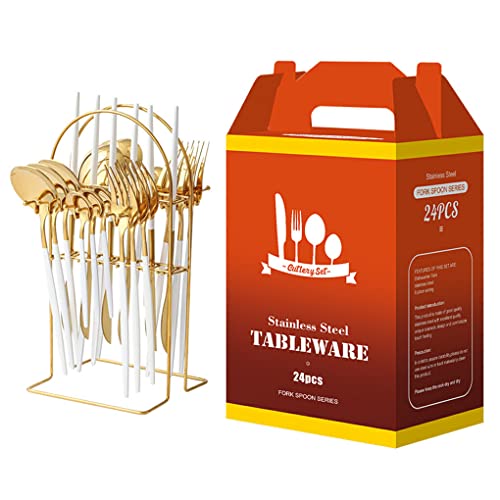 kesurpae 24 Stücke Edelstahl Besteck Set Löffel Besteck Geschirr Geschirr Gold Messer Gabel Tragbare Versorgung Geburtstag, Weiß und Gold, Gold