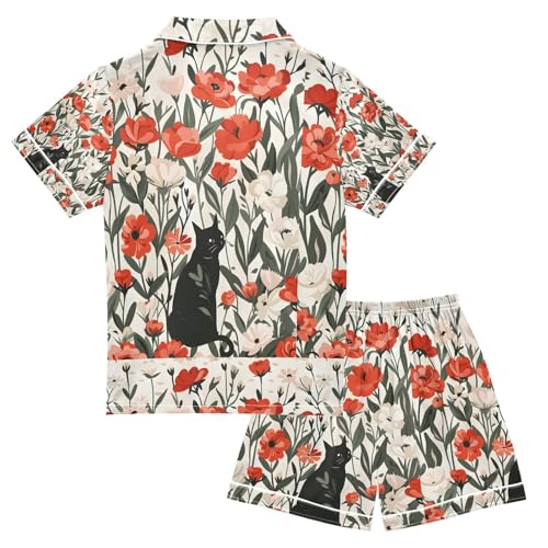 senya Roses Small Cat Satin Summer Pajama Sets Silk Short Sleeve Button Down Sleepwear2