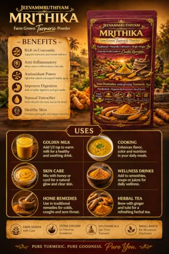 Image of Turmeric Powder Mrithika | Sun-Dried Haldi Powder | High Curcumin Manjalpodi | TURMERIC Stone-Grounded fresh batch | Pesticide-Free Arishina, No Additives Pasupu | MRITHIKA Farm-Grown curcuma longa Coastal Karnataka 200gm Pouch
