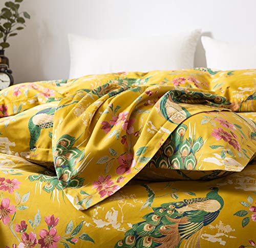 Eikei Chinoiserie Chic Peacock Floral Duvet Cover Paradise Garden Botanical Bird And Tree Branches Vintage Stylized Long Staple Cotton Bedding Set (King, Citrine) #TOP3