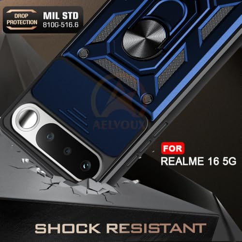 Image of Armor Bumper Back Cover Case for Realme 16 5G | Rotating Camera Cover, Ring Holder & Kickstand | Heavy Duty & 360 Degree Protection Realme 16 5G Back Cover (Blue)