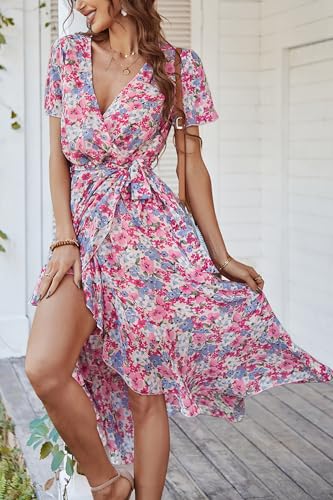 PRETTYGARDEN Women's Summer Floral Boho Maxi Dress Wrap Short Sleeve V Neck Ruffle A-Line Flowy Wedding Guest Long Dresses