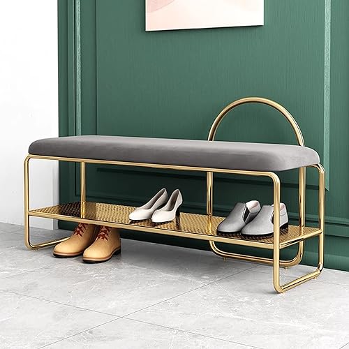 Banc à chaussures en métal doré avec siège velours et double rangement pour couloir
