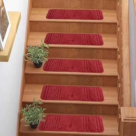 English Home Soft Pile Anti Slip Trellis Design Stair Treads Red Color Tread Size 7" x 26" Set of 13 (Trellis Red, Size : 7" x 26", Set of 13) Cover