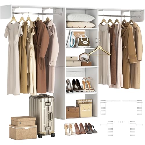 Unikito Closet Organizer System with Adjustable Shelves, 8FT Wood Closet Organizer Starter Kit Tower and Expandable Hang Rods, 96