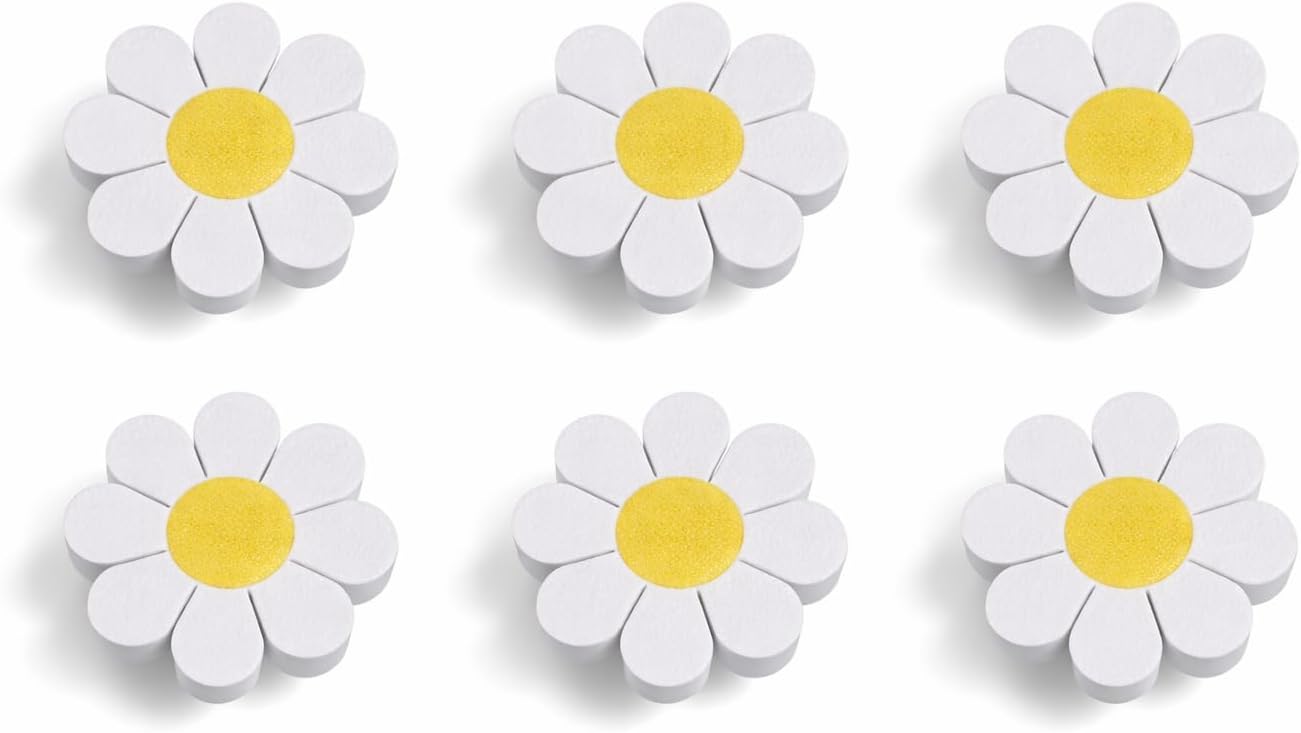 (6-Pack) Mini Daisy Flower Children’s Door Knobs – 33 mm White & Yellow Drawer Handles for Wardrobes, Cabinets & Nursery Furniture