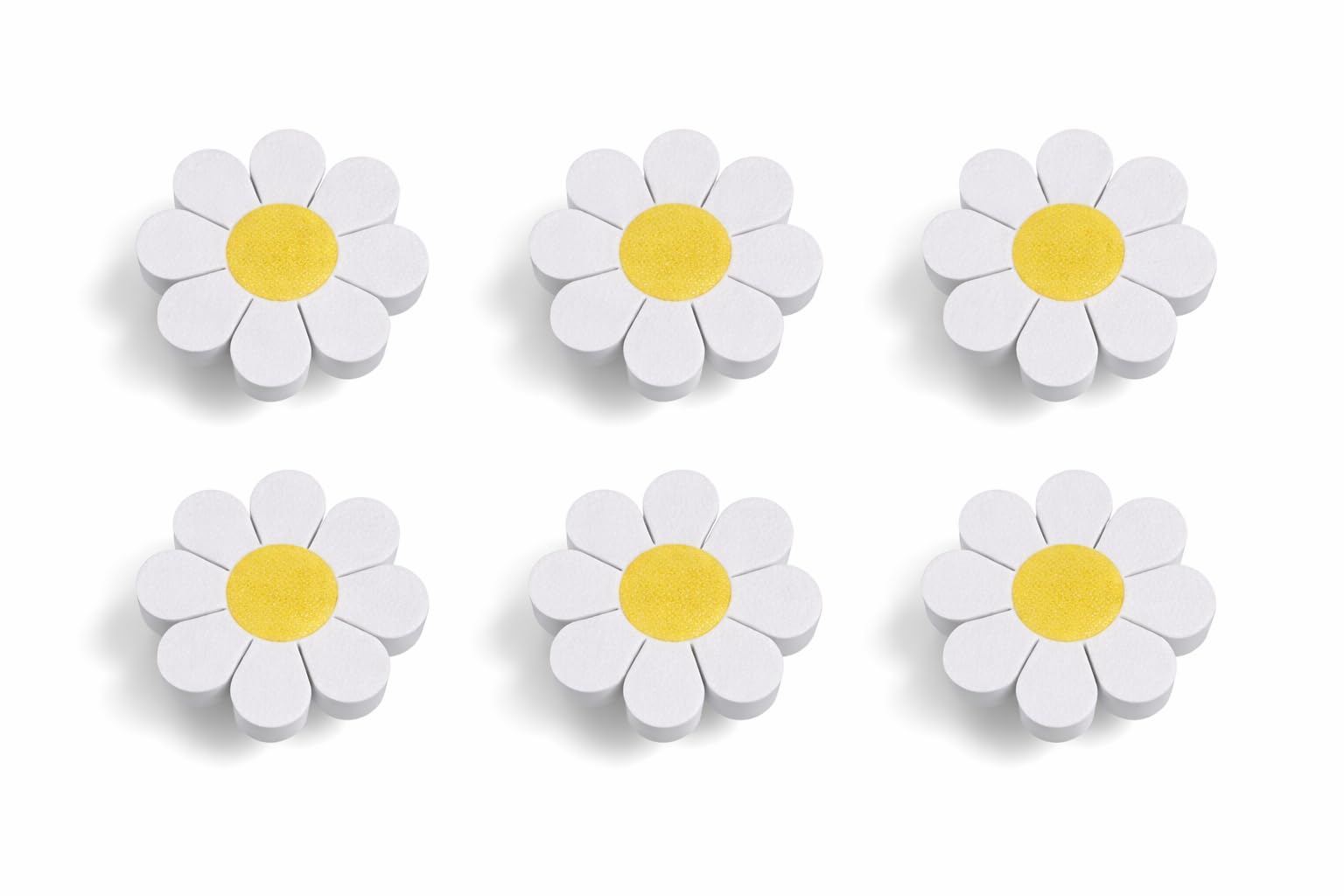 (6-Pack) Mini Daisy Flower Children’s Door Knobs – 33 mm White & Yellow Drawer Handles for Wardrobes, Cabinets & Nursery Furniture