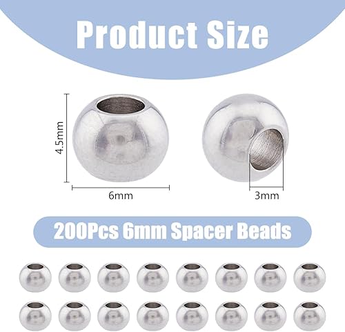 Miniatura 2 de DICOSMETIC 200 cuentas espaciadoras redondas de 0.236 in, cuentas de bola de acero inoxidable, cuentas de Rondelle lisas y sin costuras, cuentas