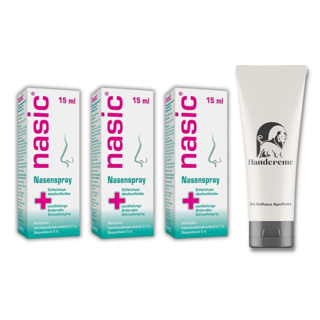 Nasic Nasenspray Spar-Set mit 3 x 15 ml inkl. Handcreme der Rathaus Apotheke