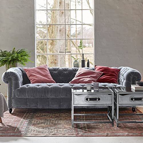 Loberon Sofa Parpeville, Klassisch Eleganter Chesterfield-Stil mit Steppung, Formstabile Polsterung, Hochwertige Verarbeitung, Couch, Sitzmöbel, Samt, Mangoholz, grau – Bild 3