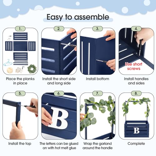 Image of Barydat Wooden Baby Shower Crate Closet Basket with Handle Baby Announcement Sign Garland Hangers Large Letter, Wooden Gift Crate, Letters for Pregnancy New Parent Party(Navy Blue)