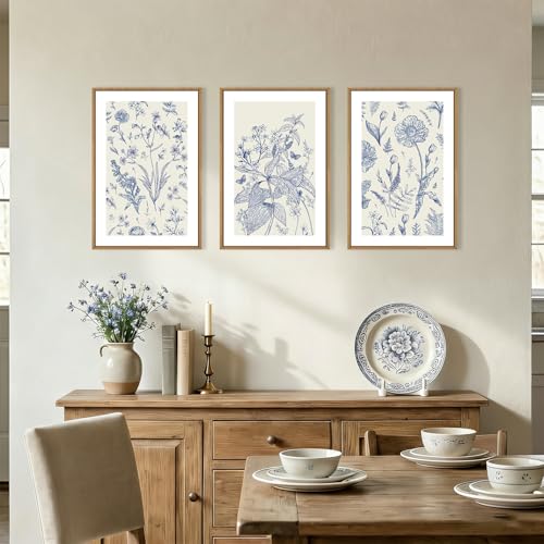 Image of KAIRNE Navy Blue and White Floral Framed Canvas Wall Art Set,Chinoiserie Flower Wall Decor,Watercolor Botanical Art Prints,Modern Wildflower Artwork for Living Room,Bedroom,Farmhouse,Office-16 x24 x3