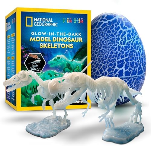 National Geographic Glow-in-The-Dark Dinosaur Skeleton Models Kit – Build Replica Velociraptor & T. rex Skeletons, Easy Snap-Together Bones, Educational Dinosaur Activity Kit for Kids