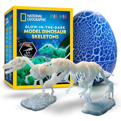 National Geographic Glow-in-The-Dark Dinosaur Skeleton Models Kit – Build Replica Velociraptor & T. rex Skeletons, Easy Snap-Together Bones, Educational Dinosaur Activity Kit for Kids