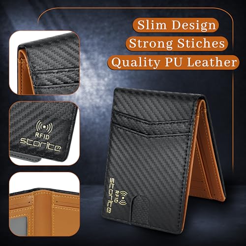 Image of Storite Men's Multi-Card Bifold Leather Wallet RFID Protected Bifold Wallet - Slim PU Leather Money & Credit Card Holder Purse with ID Window (TanBlack)
