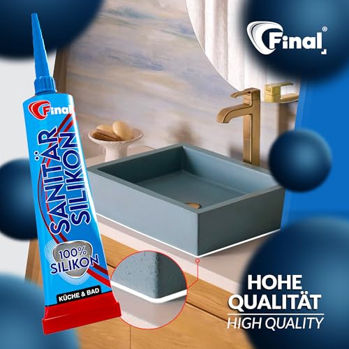 FINAL Sanitär Silikon 1x50ml - Wasserfester Dichtstoff in Profiqualität, für Bad, Dusche & Küche, schimmelresistent, antibakteriell & elastisch, haftet auf Glas, Metall, Keramik & Holz, Transparent