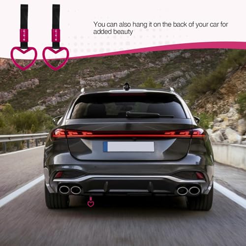 Image of 2PCS Heart Shaped Car Handle Straps, Rear Bumper Warning Keychain Ring for Car Exterior Accessories (Hot Pink)