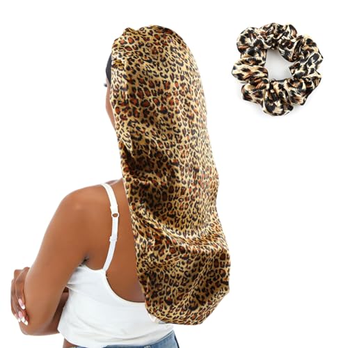 sent hair Extra Large Satin Bonnet Silky Sleep Cap for Women, Double-Layer Long Hair Bonnet with Tie Band for Braids/Curly/Long Hair - Leopard