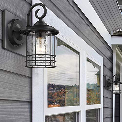 Image of MICSIU 5.5 inch Wide Compact Narrow Farmhouse Matte Black Porch Light 2 Pack | Max 23W 9.8 inch Outdoor Light Fixture with Seedy Glass, Anti-Rust Round Exterior Lantern for Garage Pillar & Side Door, Patio