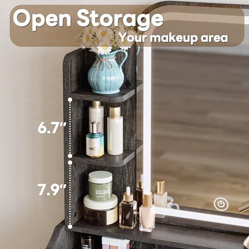 Image of LIKIMIO Small Vanity Desk with Mirror Lights and Storage Stool | Charcoal grey compact vanity with 3 light modes, charging station, storage drawer, 3 shelves and upholstered stool