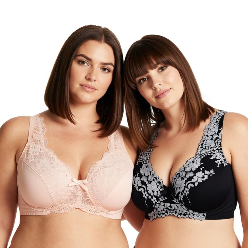Image of Curve Muse Minimizer Unlined Underwire Bra with Lace Embroidery-2 Pack