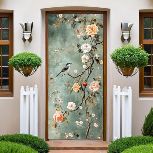 Gris-Bleu Papier Peint Porte 73x204 cm Fleurs et oiseaux Trompe l'oeil Sticker Poster Porte Trompe l'oeil Intérieure Muraux PVC pour Décoration Mur Salon...