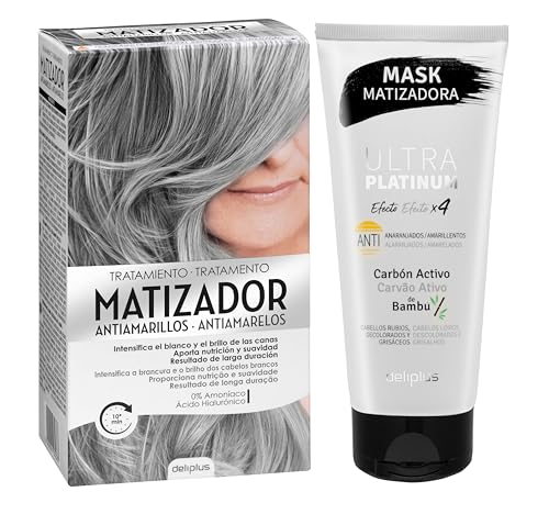 REDUCE LOS TONOS AMARILLENTOS DEL CABELLO | Tratamiento Matizador Antiamarillos 0% amoníaco y ácido hialurónico + Mascarilla Ultra Platinum | Cabello gris, rubio y decolorado con carbón activo Bambú