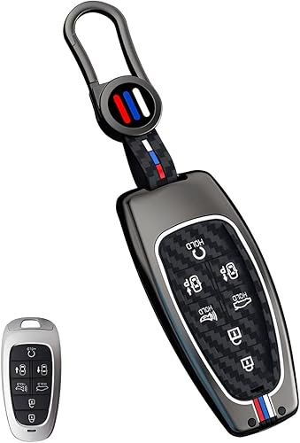 Funda de metal para llavero Hyundai, protector de llavero inteligente compatible con Tucson Santa fe Sonata 2020-2024 (HYJ7-fibra de carbono)