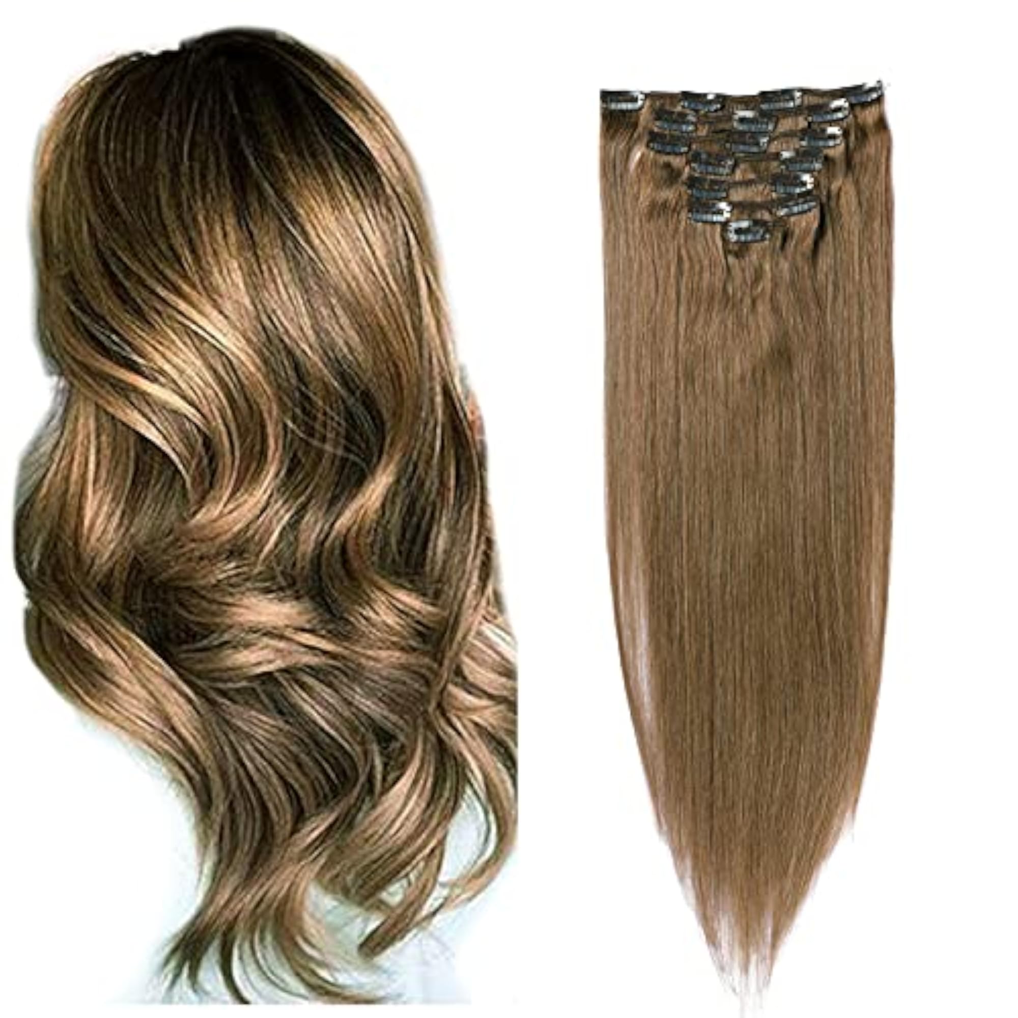 Human Hair Extensions Clip in, Light Brown, 7 Pieces, 70 Gram