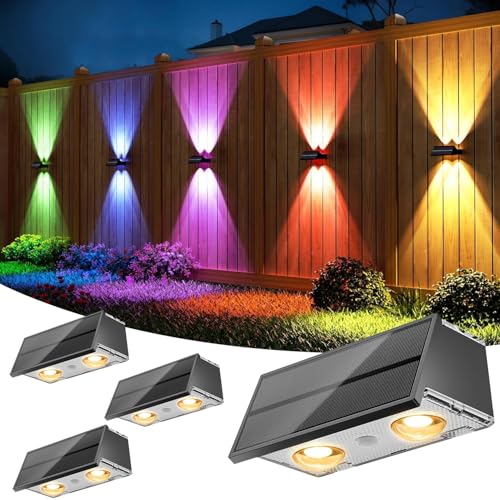 Gresonic 4er Solar Wandlampen Außen, Up-Down LED Solar Zaunleuchte mit 8 Farben, IP65 Wasserdicht RGB Solar Waschwandlampe, 500mAh 3.7V Gartenbeleuchtung für Zaun Terrasse Wand