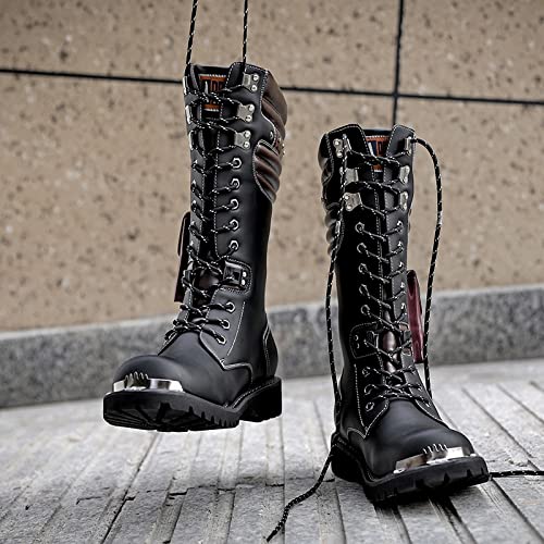 Tebapi Men's Motorcycle Boots Army Backpacking Leather Mid-Calf High Men Military Tactical Combat Boot Buckle Lace Up Waterproof British Metal Military Motorcycle Biker Riding Punk Rock Shoes Black 8 #TOP5