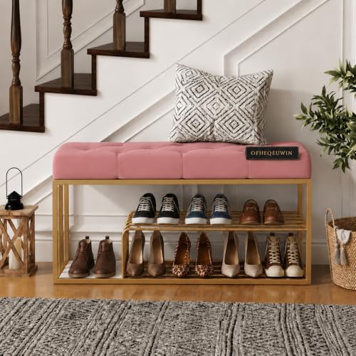 Image of Entryway Shoe Rack with Cushioned Seat, Shoe Bench for Entry, 2 Shelves Storage Bed Bench Pink