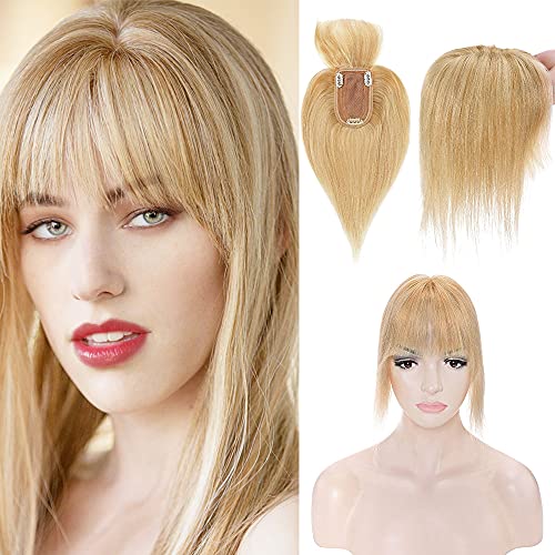 SEGO 100% Real Human Hair Toppers with Bangs 150% Density Silk Base Clip in Crown Topper Top Hair Pieces for Women with Thinning Hair/Hair Loss 6 Inch 18P613# Ash Blonde&Bleach Blonde 27g