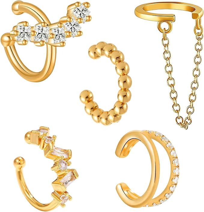 5pcs Ear Cuff Femme Faux Piercing Oreille Or Hypoallergénique Réglables Boucle Oreille Sans Trou Manchette d'Oreille Non Piercing Cartilage Clip Helix...