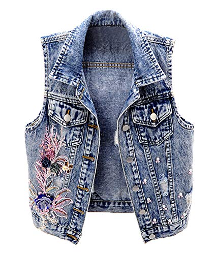 Kedera Women's Floral Embroidered Denim Vest Pearl Beading Denim Jean Jacket