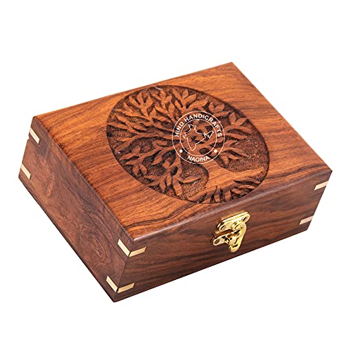 Image of Rosewood Handmade Wooden Urn Tree of Life Engraving Handcarved Jewellery Box for Women-Men Jewel | Home Decor Accents | Decorative Boxes | Storage & Organiser (7 inch x 5.5 inch x 3.5 inch, Tree - 2 Plane)