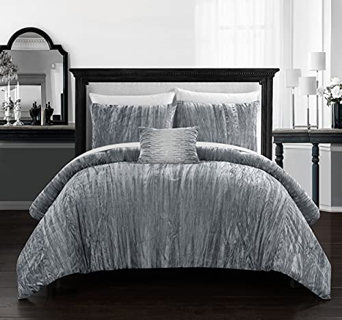 Chic Home BCS12500-AN Westmont 4 Piece Comforter Set Crinkle Crushed Velvet Bedding - Decorative Pillow Shams Included, King, Grey