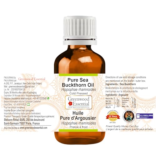 Image of Greenwood Essential Pure Sea Buckthorn Oil (Hippophae rhamnoides) | Cold Pressed | Natural | Undiluted | For Diluting Essential Oils | For Hair, Skin & Massage | Men & Women | 15ml