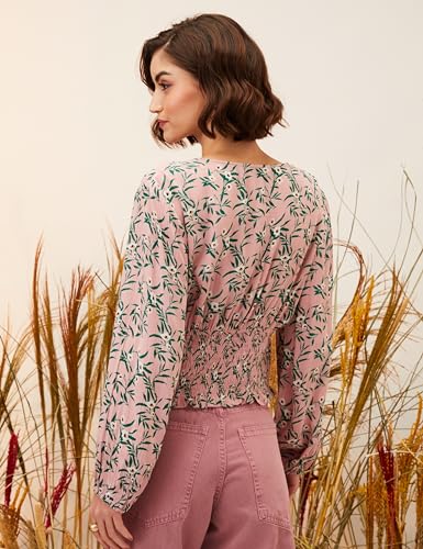 Image of Amazon Brand - Eden & Ivy Women Floral Crinkled Rayon V-Neck Long Sleeve Regular Fit Crop Top (Available in Plus Sizes)