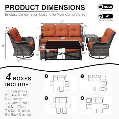 Image of Joyside 7 Piece Wicker Patio Furniture Set, Outdoor Swivel Rocker Patio Chairs with High Back, Deep Seating, Wide Armrest, Thickened Cushions, Outdoor Furniture for Deck, Porch Use