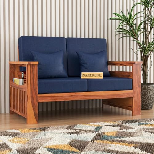 Image of Sheesham Wooden 2 Seater Sofa for Living Room | Rosewood 2 Seater Cushion Sofa Side Half Moon Rack | Solid Wood Sofa Set for Lounge (2 Seater,Honey Finish)