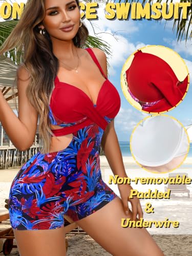 Tropical Monokini Swimsuits with Shorts, Push Up Tummy Control, One Piece Bathing Suit for Women2