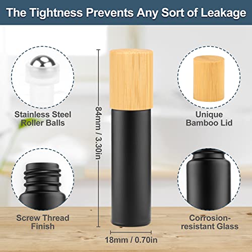 Frosted Black Glass Roll-On Bottles - 10ml, 12pcs With Stainless Steel Roller Ball & Bamboo Cap, For Essential Oils & Perfume Samples3