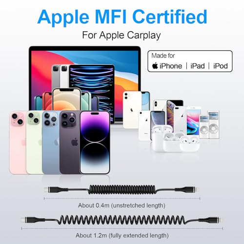 Coiled USB C to Lightning Cable for Car, [0.4M-1.2M] Apple Carplay Cable Cord, Retractable USB C to iPhone Charger Cable Short Fast Charging Lead for iPhone 14 Pro/14 Plus/14/13/12/11/SE/X/XS/XR/8/7 - Image 3