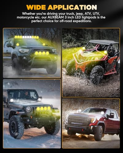 Image of Auxbeam Color Play Series 3 Inch LED Pods, Fog Beam Off Road Light with Amber White DRL & Turn Signal 100W Driving Lights Auxiliary Ditch Light for Jeep Truck ATV UTV with Covers