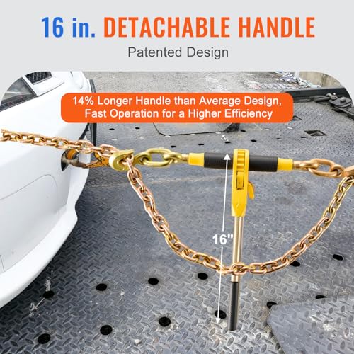 Image of VEVOR 3 /8 inch-1 /2 inch Ratchet Chain Binder with Chain, G80 12000 lbs Secure Limit, Heavy Duty Load, Labor-Saving Anti-Skid Handle, Tie Down Hauling Chain Binders for Flatbed Truck Trailer, 2 Set & Yellow