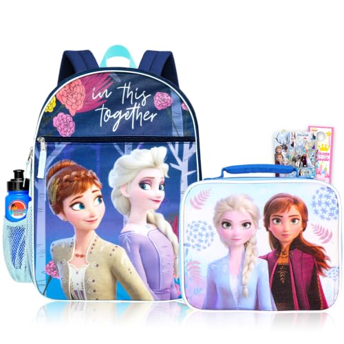 Disney Conjunto de mochila e lancheira Frozen – Pacote com mochila escolar Frozen de 41 cm, lancheira, garrafa de água, adesivos, marcador de livro, mais | Mochila Elsa e Anna com lancheira