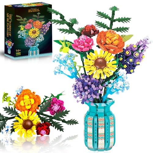 Flowers Set with Vase for Adults Women, Variety of Botanical Collection Bouquet Including Sunflower, Babys Breath, Rose, Compatible with Lego Floral, 1853PCS, Easter Flores for 14 Years & Up